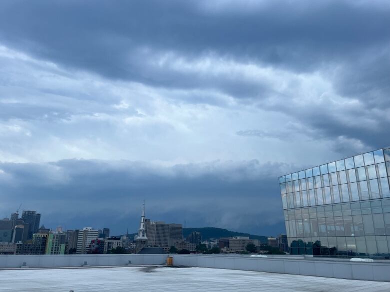 A cloudy Montreal skyline. 