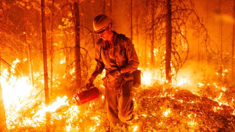 A man in a vividly fiery image uses a torch to set more fire  in a forest.