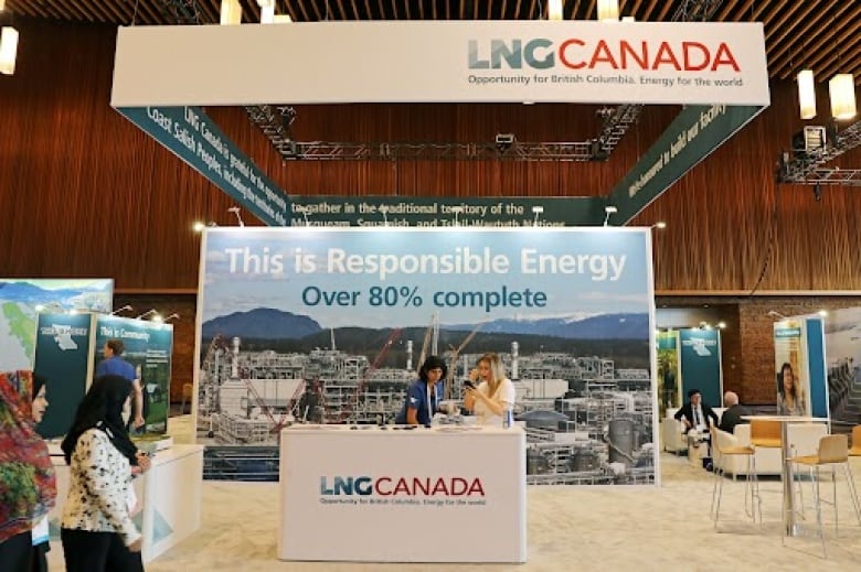 There is a booth for LNG Canada in a large room lined with wooden panels. Women dressed in blue and red/green hijabs are walking past. At the center of the booth is a woman in a blue shirt and a woman in a white shirt. A panel behind the women reads, 