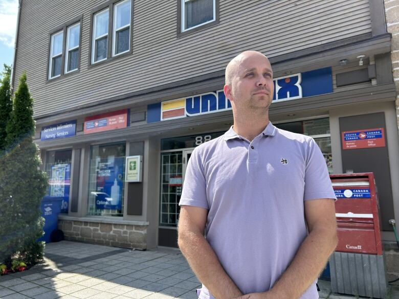 Man in front of building. 