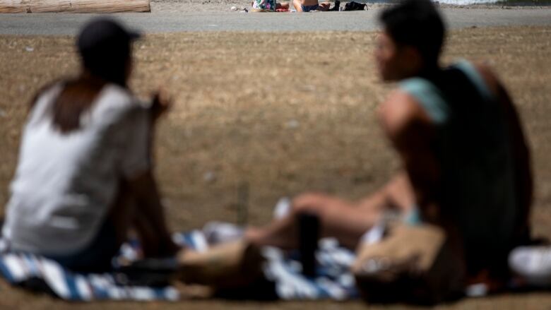 Two people are seen out of focus on a brown, grassy field in front of a beach.