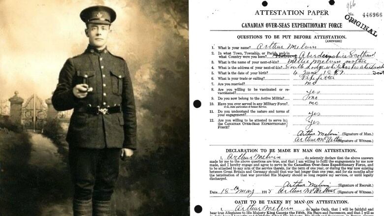 A collage is pictured. On the left, a historic photo of a man wearing a uniform. On the right, a screengrab of a form.