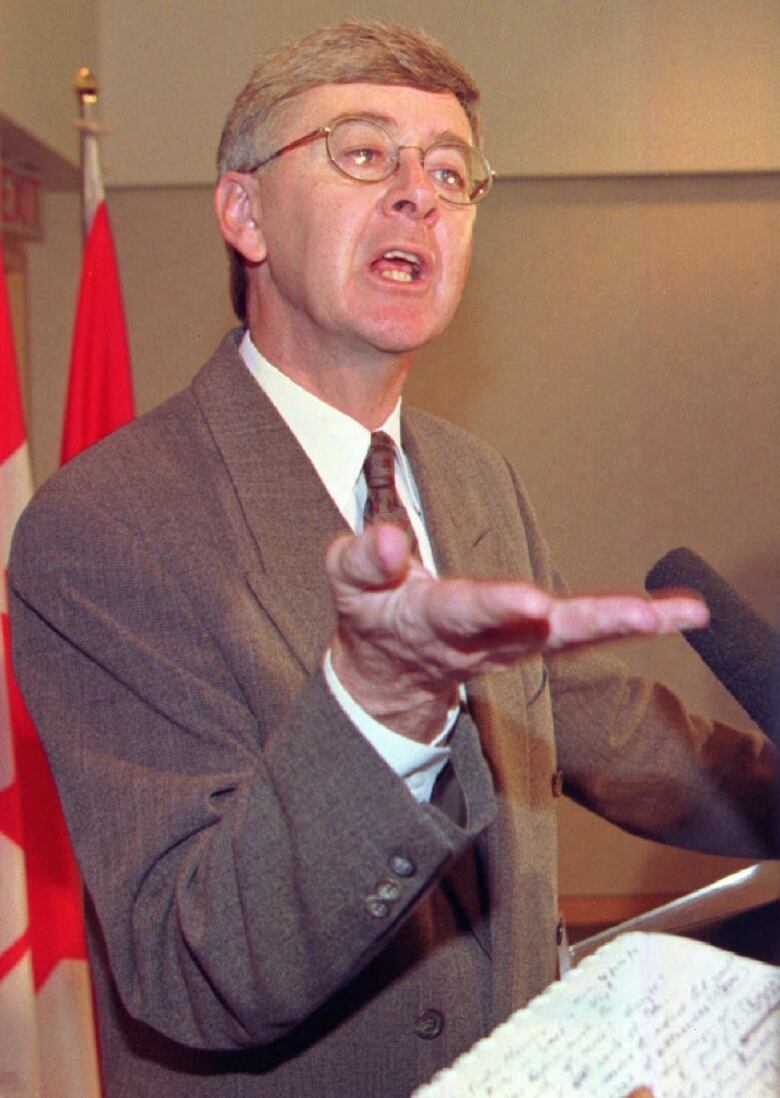 Reform Leader Preston Manning is seen at a press conference in 1996.