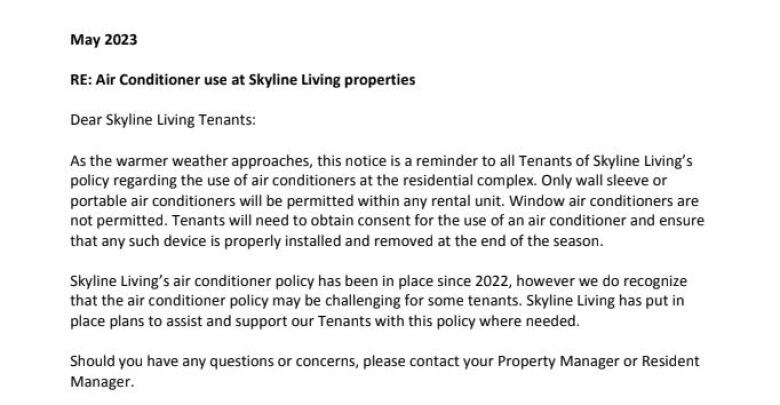 A letter to residents at Skyline Properties, obtained by CBC News explaining the plans and assistance that could be available to some residents. 