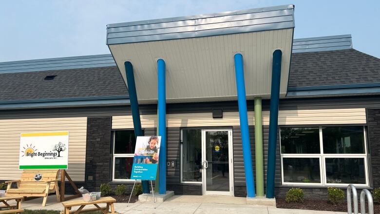 An exterior view of a building with lots of colour. A sign on a building says Bright Beginnings.