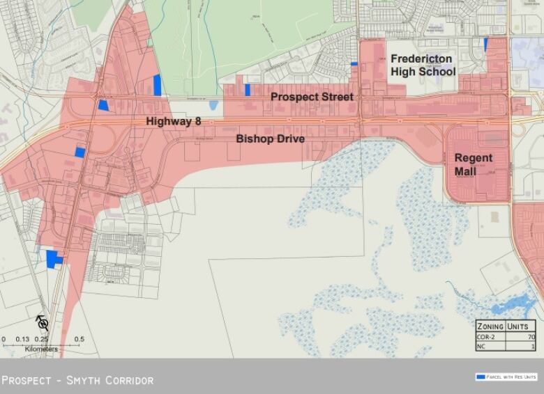 A map showing the south side of Fredericton.