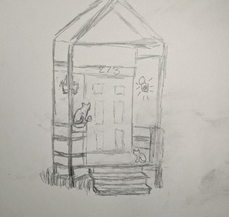 Drawing of a cat sitting on porch of a small house.