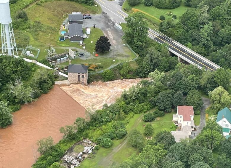 An aerial shot of flooding over the St. Croix River and associated dam.