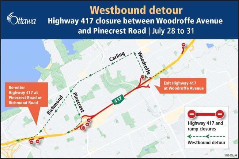 The detour route for westbound drivers on the 417 this weekend.