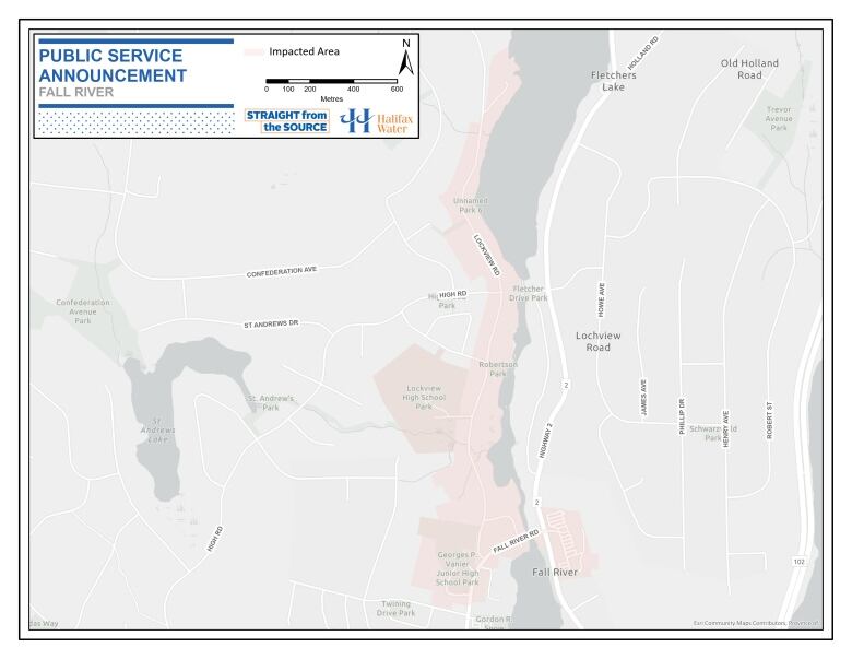 A map showing a highlighted area near Fall River, N.S.