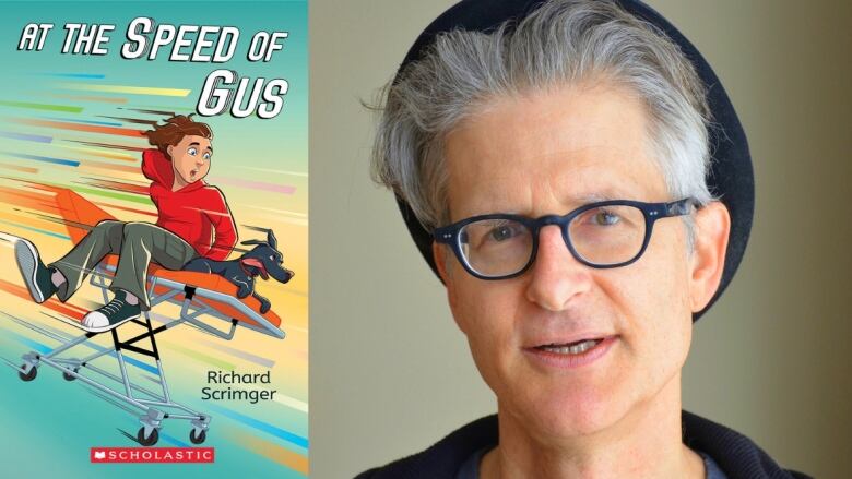 On the left a book cover shows a boy in a red hooded sweatshirt sitting on a foldable bed on wheels with a dog, travelling at speed down a hill. On the right a man, wearing glasses and a hat, looks at the camera. 