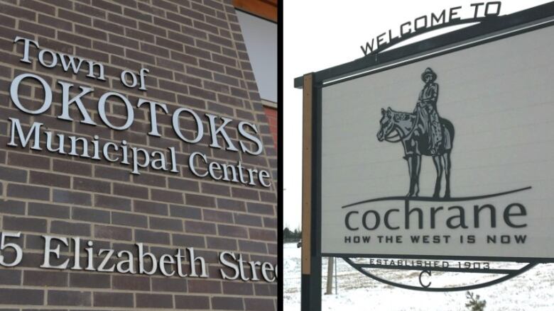 The Okotoks Municipal Centre at left and a 'Welcome to Cochrane' sign at right. 