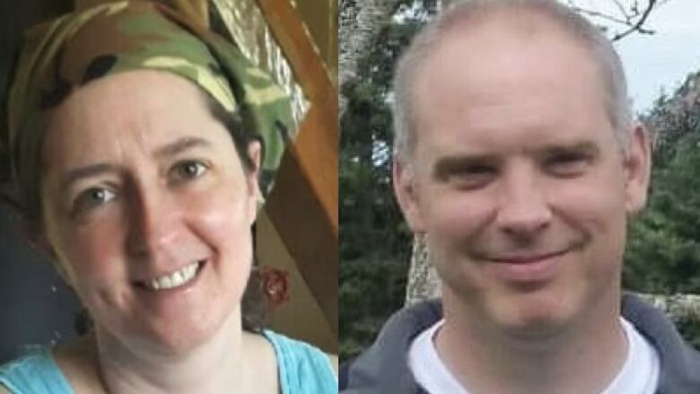 A photograph of a man and a woman. On the left, the woman wears a blue tank top along with a camouflage bandana. The man wears a grey sweater, with a white t-shirt peaking out underneath. He has white hair. 