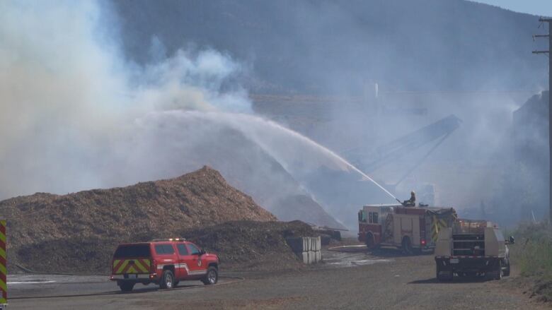 Fire fighter with a hose spraying a large pile of sawdust with water. Smoke envelopes the scene.