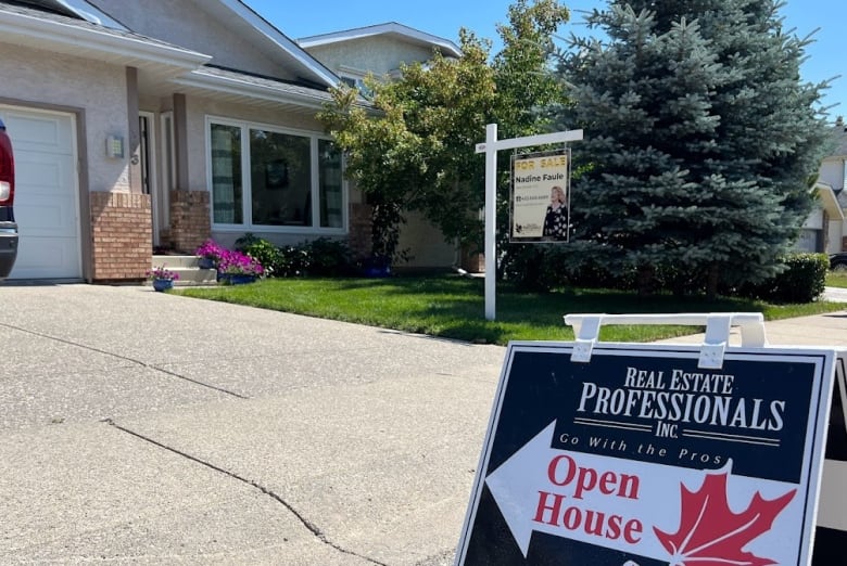 A house in Woodbine, Calgary has an open-house sign in front.