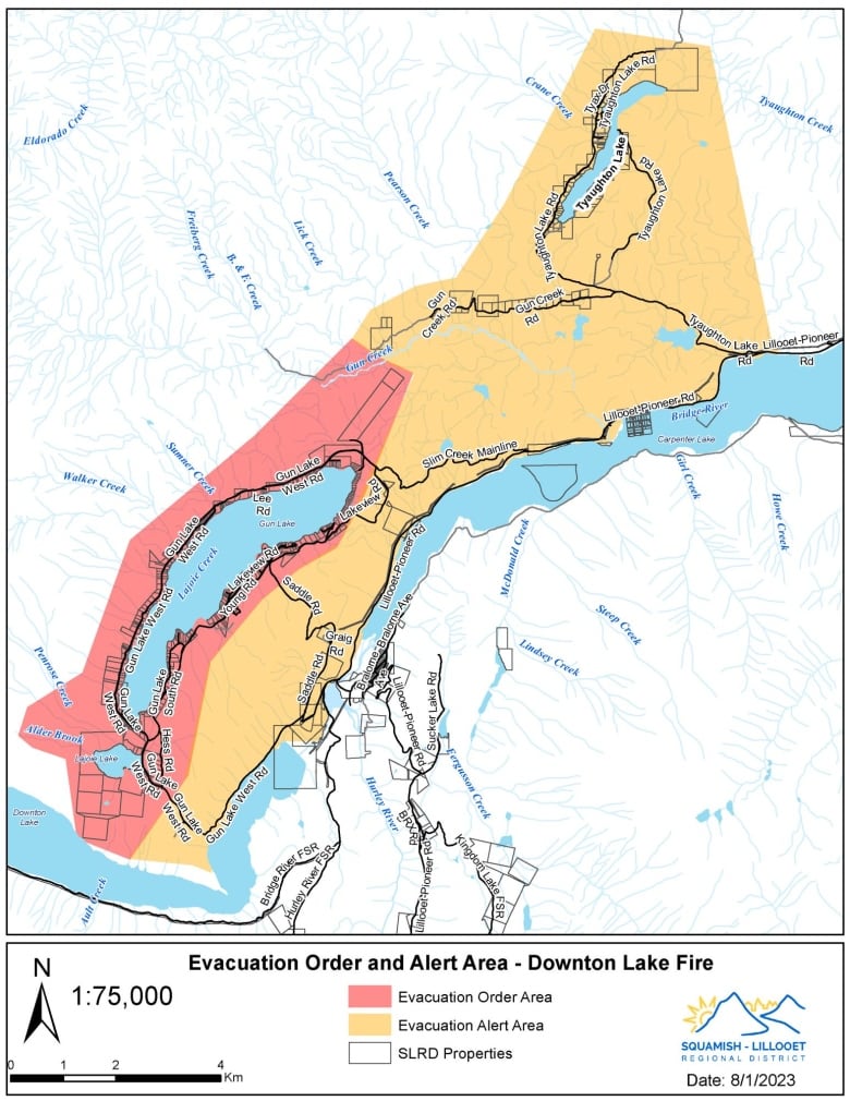 An area around Gun Lake in B.C. is highlighted in red to indicate an evacuation order, with a larger area in yellow to the north and east indicating an evacuation alert.