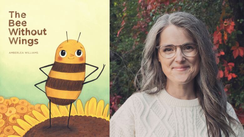 On the left a book cover shows an illustration of a wingless bee standing on a flower. On the right, a woman wearing glasses and a white sweater smiles into the camera. 