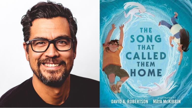 On the left, a man in glasses and a black shirt smiles into the camera. On the right, a book cover shows two children thrown into a watery portal. 