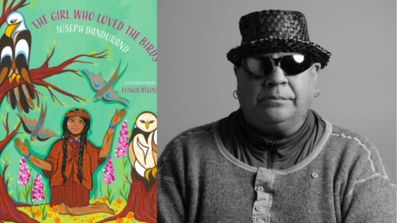   On the left is a book cover that shows an Indigenous girl in the middle of a forest with a eagle, owl, purple flowers, and two birds flying in the background. On the right is a black and white photo of the author who is wearing sunglasses and a straw hat. 