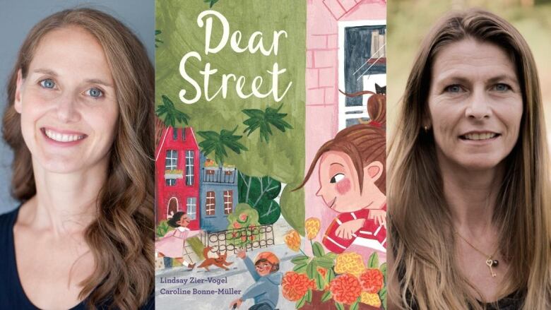 On the right, a woman in a black shirt smiles into the camera. In the center, the book cover illustration shows a young girl looking out her window onto the people, trees and houses on her street. On the left, a woman with a necklace smiles into the camera. 