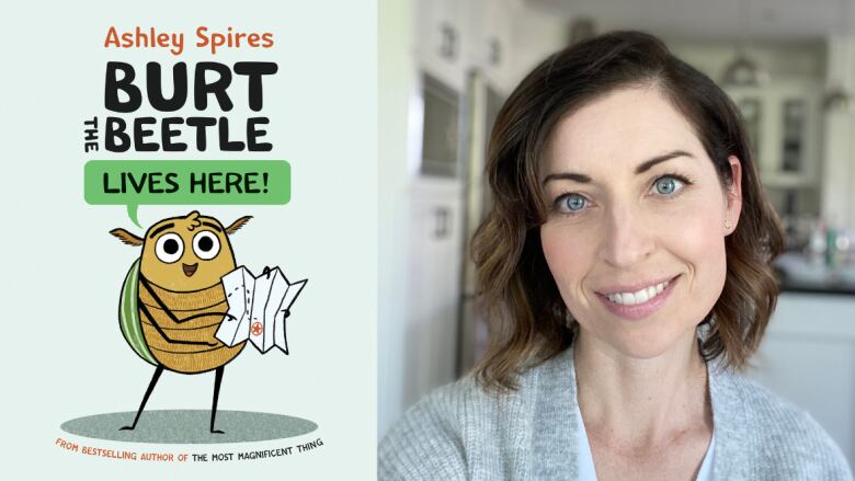   On the left, a book cover shows a beetle holding a map. On the right, a woman in a grey sweater smiles into the camera.