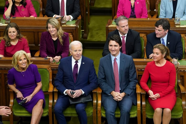 President Joe Biden, first lady Jill Biden, Trudeau and Grgoire Trudeau before he speaks to the Canadian Parliament in Ottawa on Friday, March 24, 2023.