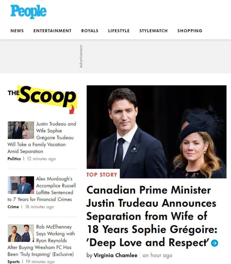 News of the seperation of Prime Minister Justin Trudeau and his wife, Sophie Grgoire Trudeau, displayed on the main page of People Magazine's website.