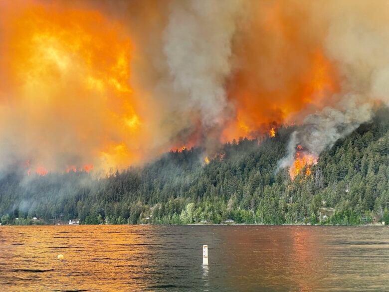 Bright orange flames burn through an evergreen forest on a hill above a lake. Cabins are seen on the shoreline below the fire.