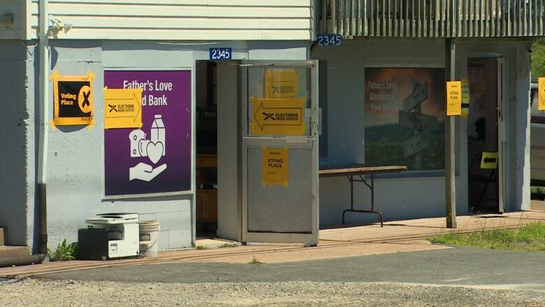 A small building with Elections Nova Scotia signs and an open door is shown.