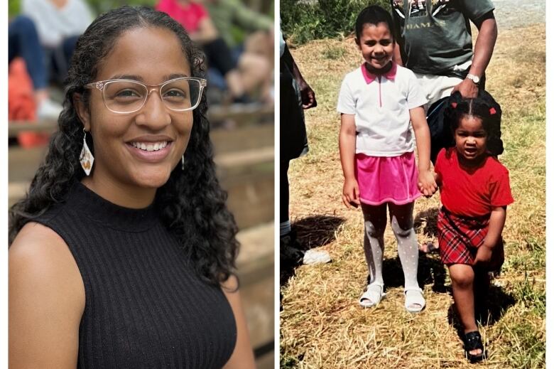 A collage of two photos. On the left, a woman is smiling and wearing glasses and earrings. On the right two children are holding hands.