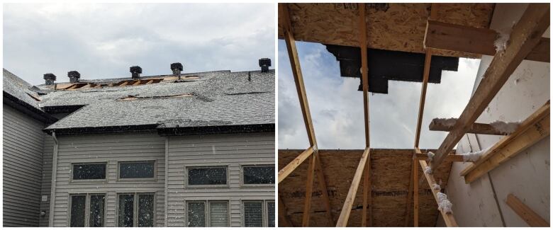 A side-by-side showing an outside and inside view of part of a roof missing off a home.