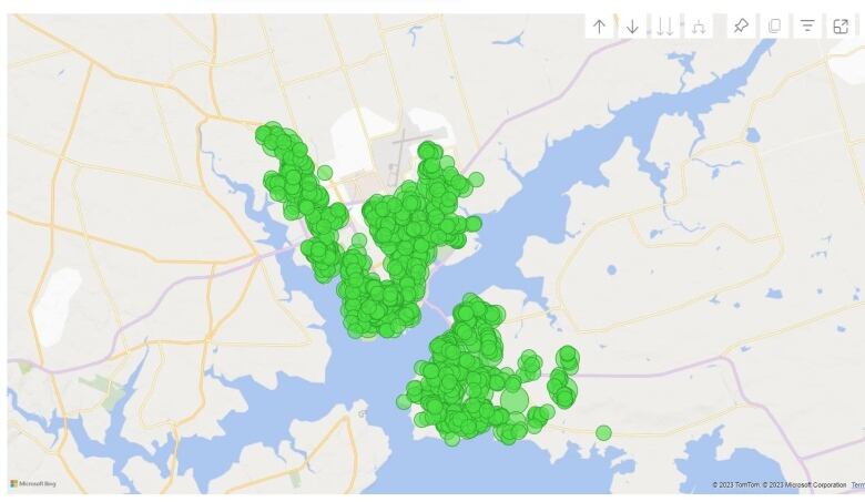 A map of the Charlottetown region of PEI with densely packed green dots on it.