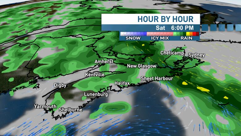 By 6 p.m. Saturday, the heaviest rain will move towards the Cape Breton area. 