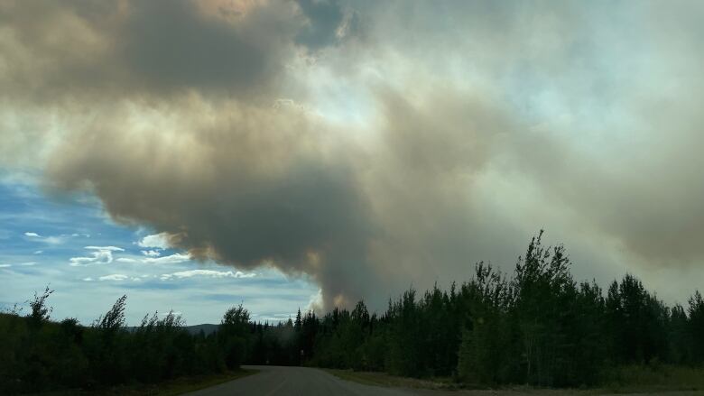 Smoke blocks the sky above a highway surrounded by green trees.