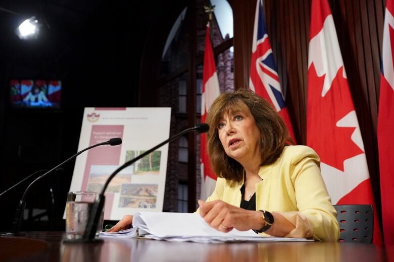 A woman speaks at a press conference.