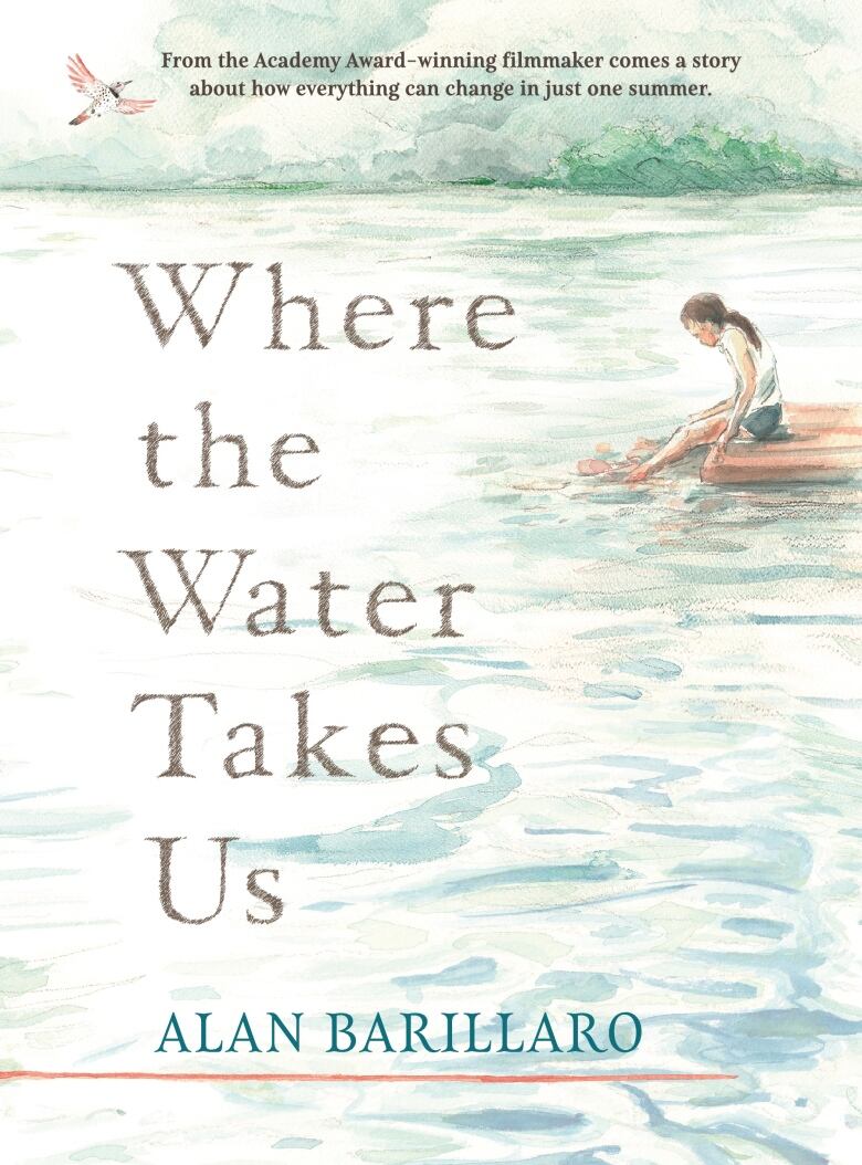 A book cover shows a young girl with her feet in the water looking into a lake.