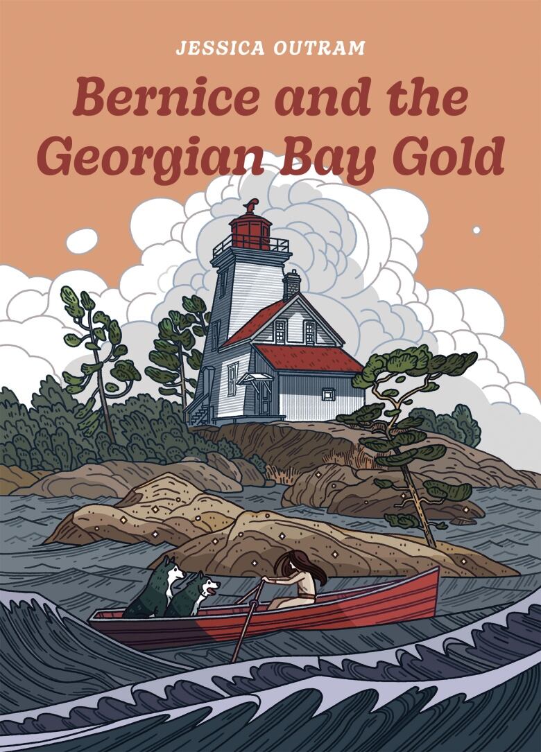 On the left, a book cover shows a young girl in a rowboat with two dogs paddling away from a lighthouse on an island.