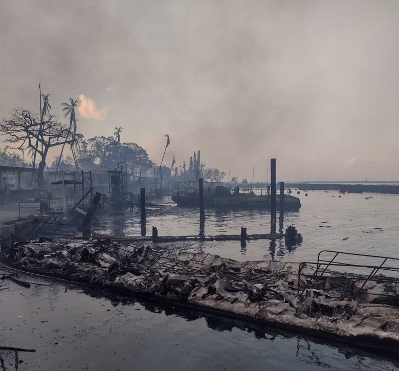 A charred boat lies in the scorched waterfront after wildfires.