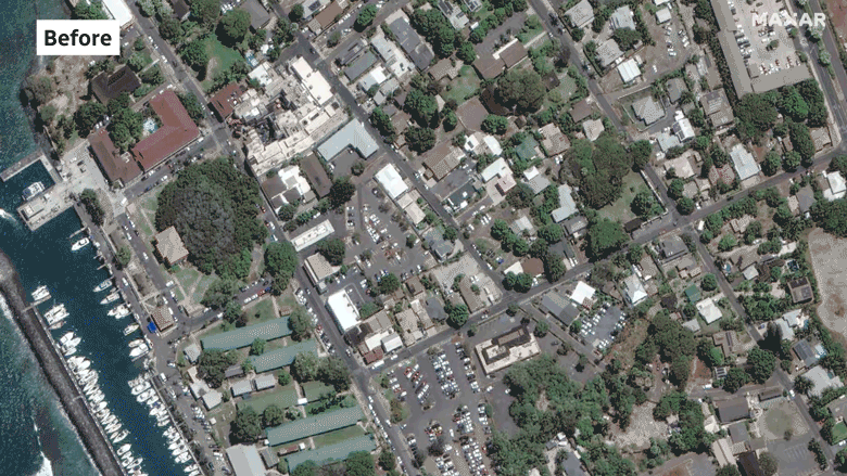 Before and after satellite images of the destruction caused by a fire that hit Lahaina, on the Hawaiian island of Maui.