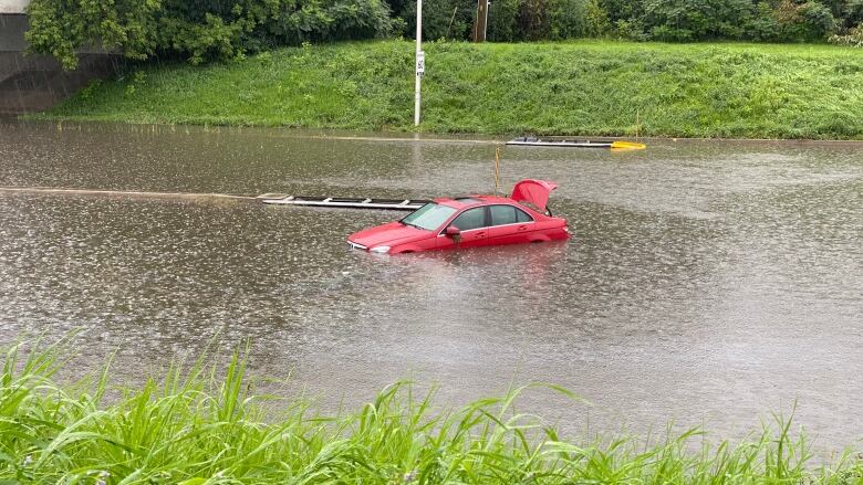 A car is submerged.