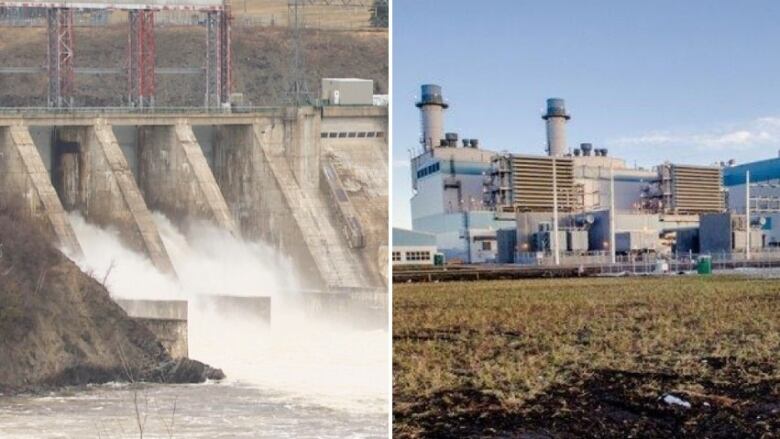 A hydro dam and a natural gas power plant are seen in this photo collage.