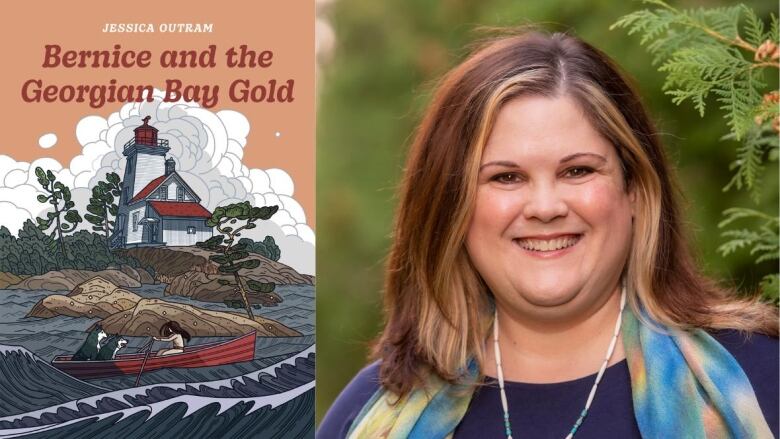   On the left, a book cover shows a young girl in a rowboat with two dogs paddling away from a lighthouse on an island. On the right, a woman with a colourful scarf and necklace smiles into the camera. 