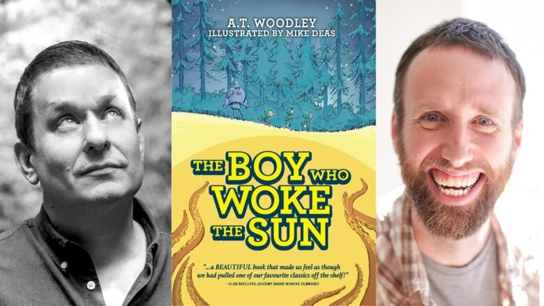   On the left, a black-and-white photo of a man looking upwards. In the center, a book cover with four figures in a forest. On the right, a man in a plaid shirt and a beard smiles into the camera. 