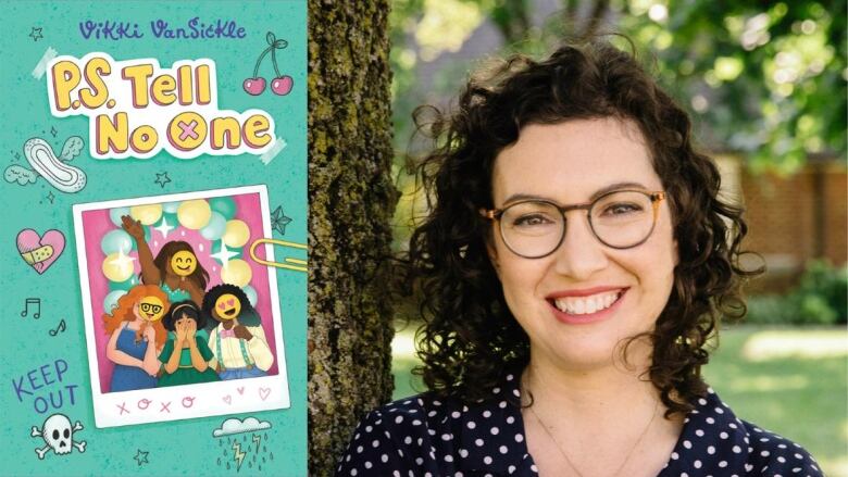   On the left, a book cover shows a picture of four young girls with their faces covered by emojis. On the right, a woman in a polka-dotted shirt and glasses smiles into the camera. 