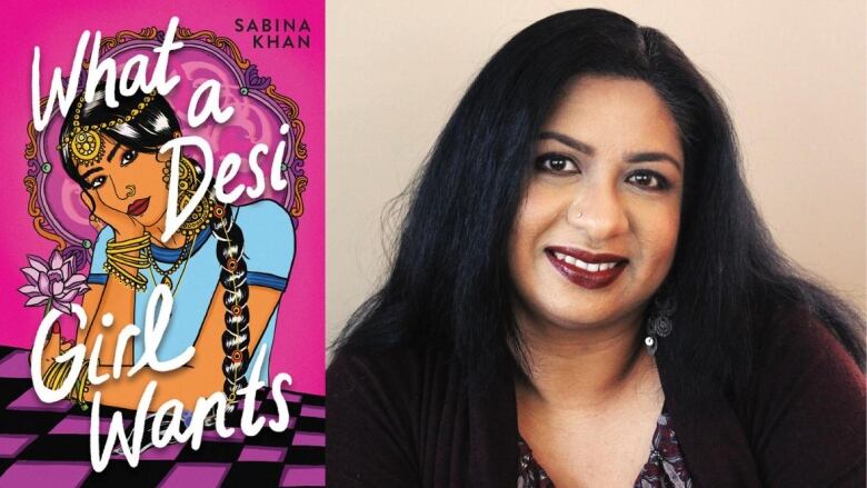   On the left, a book cover shows a Brown girl decked in traditional South Asian jewellery. On the right, a woman with black hair smiles into the camera. 