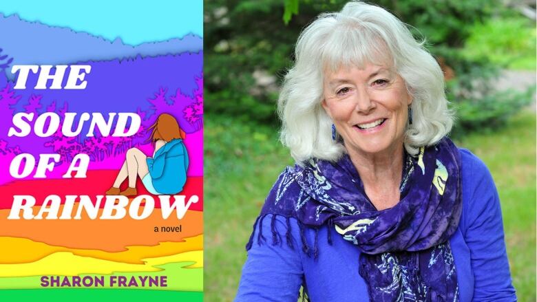   A book cover featuring forest bathed in a rainbow palette and the book's author, a woman with shoulder-length white hair wearing a blue sweater. 