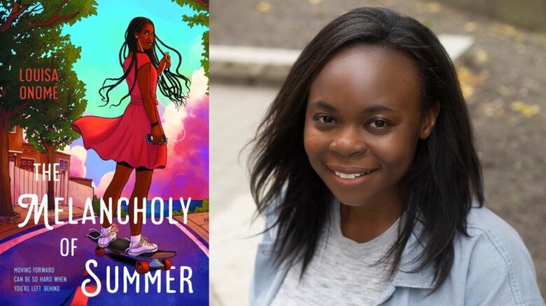 On the left, a book cover shows a young Black girl skateboarding on a street. On the right, a Black woman smiles into the camera.