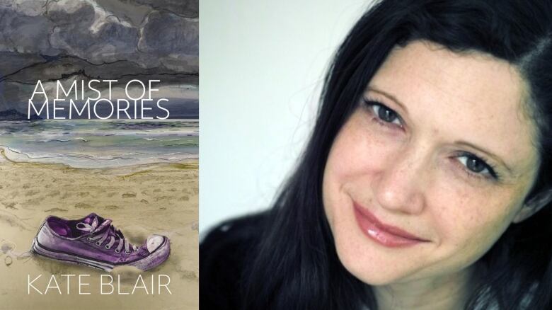 On the left, a book cover shows a lone purple shoe on a beach. On the right, a woman with black hair smiles into the camera.