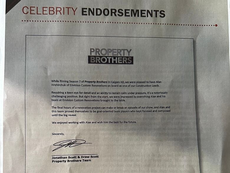 A photo of a letter endorsing Alan Hrehirchuk and his company signed by TV stars.