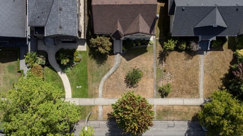 An aerial photo shows three lawns of varying shades of brown and green.